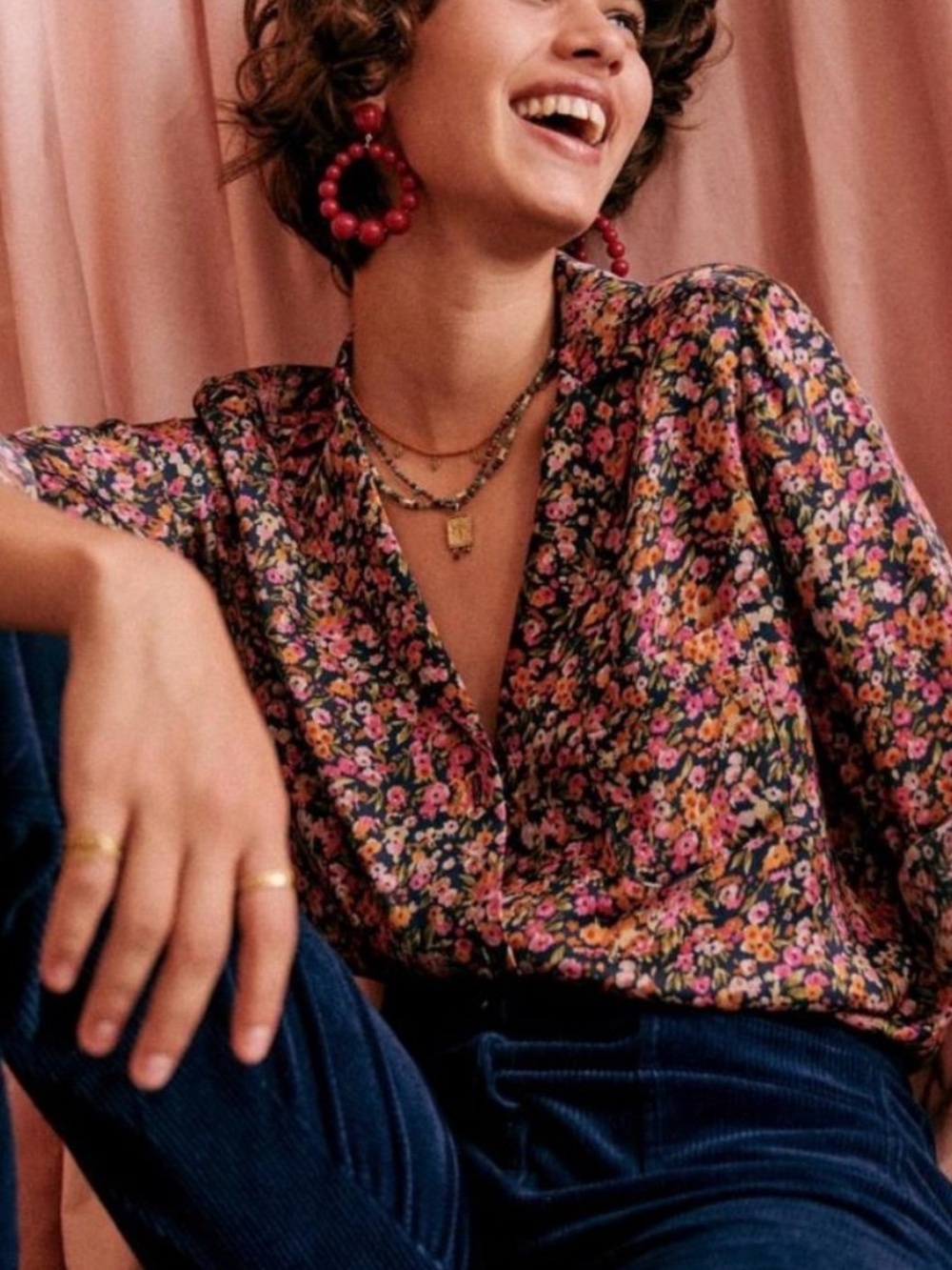 Sezane Floral Button-Down Shirt in Black with Pink and Orange Flowers